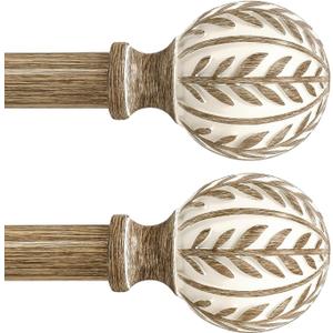 QDWIS 2 Pack Boho Wood Curtain Rods for Windows 28 to 48 inch, 1" Adjustable Heavy Duty Window Curtain Rod with Imitation Wood Grain Finials, Rustic Decorative Drapery Rods Set 18-60'', Weathered Wood