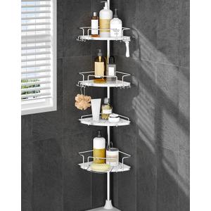 ALLZONE Corner Shower Caddy Tension Pole  Upgraded Rust-Free Stainless Steel Shower Organizer with Adjustable Storage Shelves, Drill-Free Installation, Quick Setup, Extends from 34 to 116 Inches (Silver)