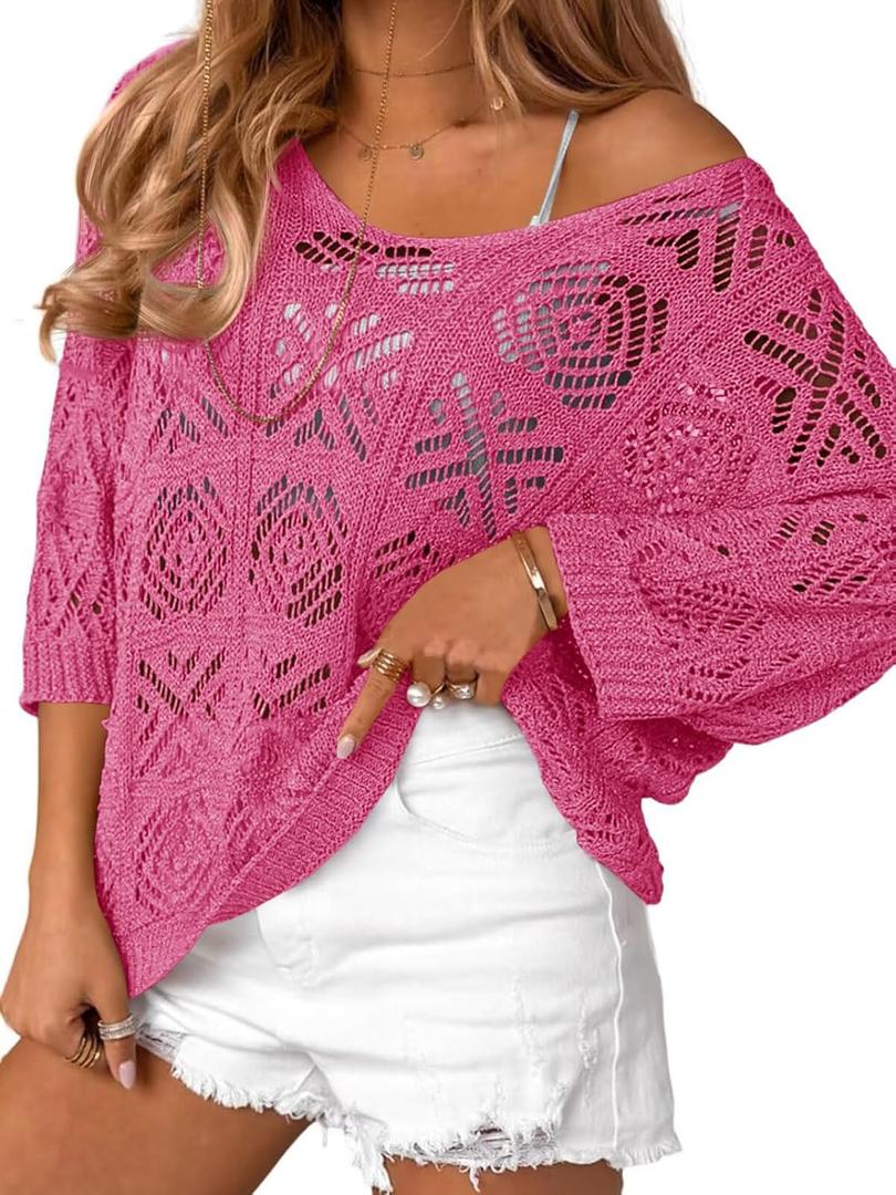 Saodimallsu Womens Crochet Cover Up Top Summer 3/4 Sleeve Off Shoulder Sweater Shirts Mesh Boho Beach Swimsuit Coverup (Pink, M)