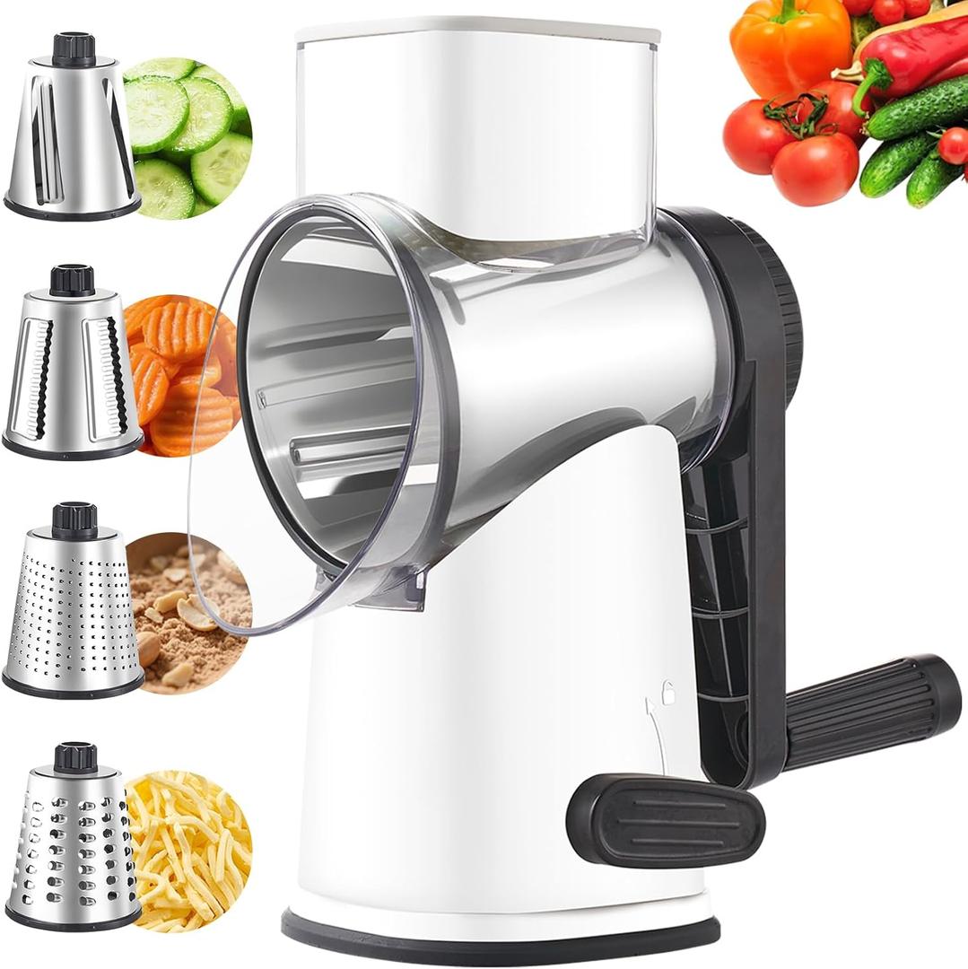 Rotary Cheese Grater with 3 Blades, Large Hand Crank Cheese Grater with Waffle Slicer, Black and White Cheese Slicer with Suction Base, Easier for Shredding& Grating (Whit, 3 Graters)