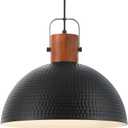 ELYONA 16 Inch Ash Wood Hammered Pendant Light Fixtures, Large Metal Dome Ceiling Hanging Lamp, Industrial Chandelier for Kitchen Island, Bar, Farmhouse, Dining Table, Hallway, Modern Black