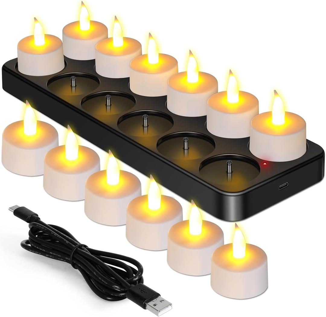 Esup Rechargeable Tea Lights Rechargeable Candles Flameless Flickering Candles Tealights 12pcs/Set with Black Charging Base, Decoration Parties, Weddings, Bar, Family, Dinner Outdoor Picnic
