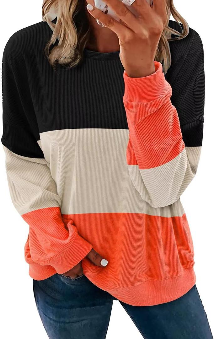 KISSMODA Women's Casual Long Sleeve Sweatshirt Color Block/Solid Crewneck Corduroy Pullover Cute Tops (M)