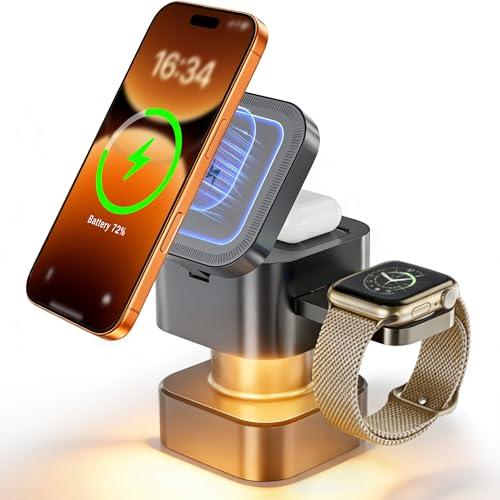 RicChic 2026 4 in 1 Wireless Charging Station for Apple, 15W Fast Magnetic Charger Compatible with Magsafe for iPhone 17 16 15 14 13 12 Pro Max Plus, Apple Watch Series & AirPods 4 3 2 Pro(No Adapter)