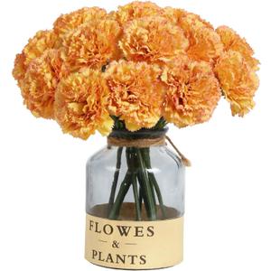 Artificial Carnation Silk Flowers - 15pcs Fake Orange Carnations with Stems for Home Decor, Wedding, Bridal Bouquet, Anniversary, Birthday and Floral Arrangements