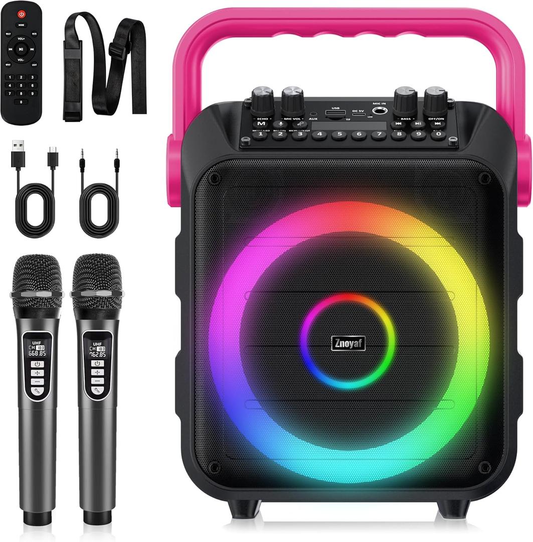 Karaoke Machine for Adults & Kids, Portable Bluetooth 5.3 Speaker with 2 Wireless Microphones, Bass/Treble Adjustment, Remote and LED Light, Support REC/FM/AUX/USB/TF for Home Party, Blackpink