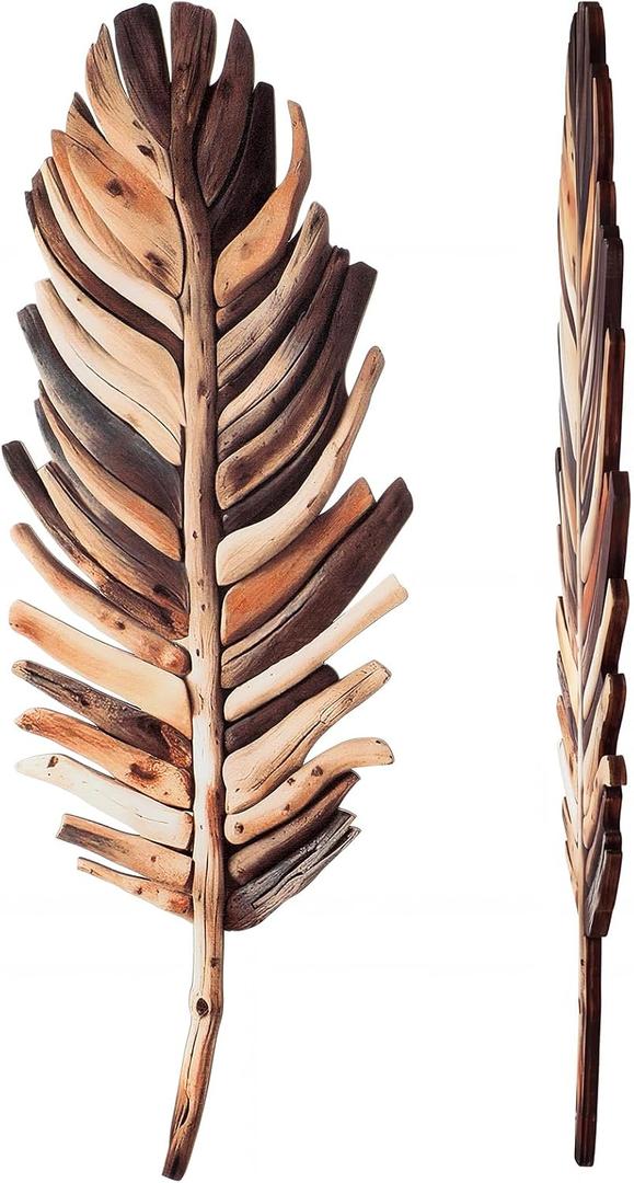 Yerliker 2 Pcs Wooden Driftwood Leaf Wall Art Decor Hanging Sculpture Farmhouse Botanical Hanging Living Room Bedroom Bathroom Kitchen Office Boho Home Decorations 16-5.5''(Vintage Brown)