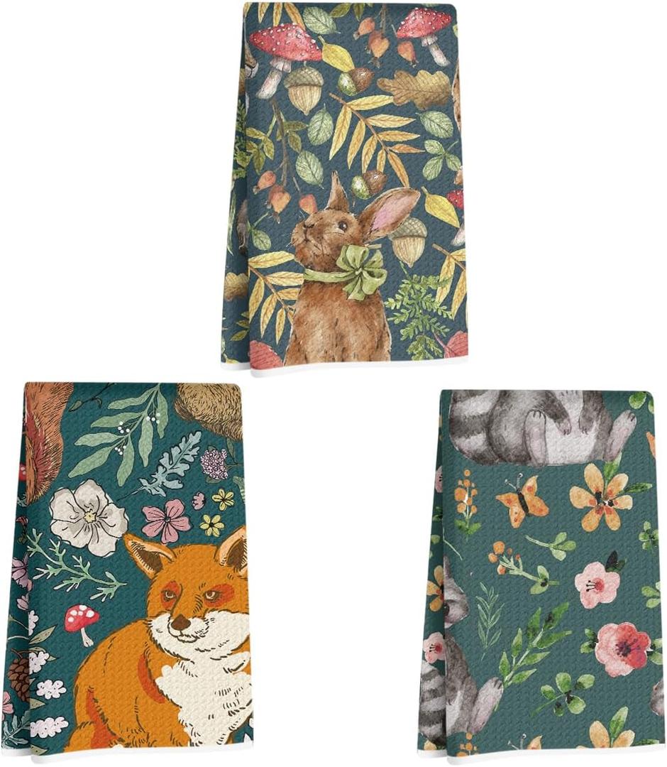 3Pcs Animal Flower Kitchen Towels, Fox Bunny Microfiber Dish Cloth Tea Towel, Reusable Waffle Hand Towels for Bathroom kitchen Home Farmhouse Decor, Raccoon Gifts for Women Mom Friend, 24x14 Inch (Multi 1346)