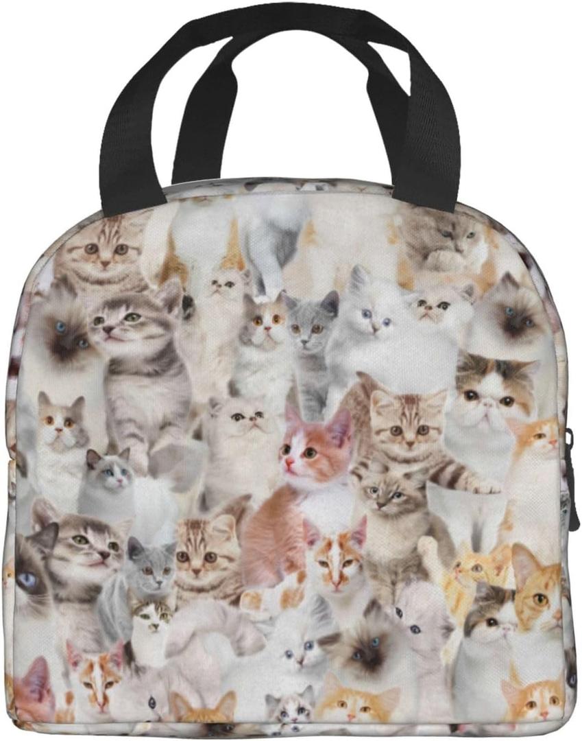 Cute Cat Lunch Bag Zipper Closure Leakproof Insulated Lunch Box Cooler Tote Bag Food Container Snack Bag (One Size)