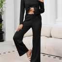 BWQ Sexy 2 Piece Outfits for Women Long Sleeve Wide Leg Pants Casual Lounge Matching Sets (Black, S)