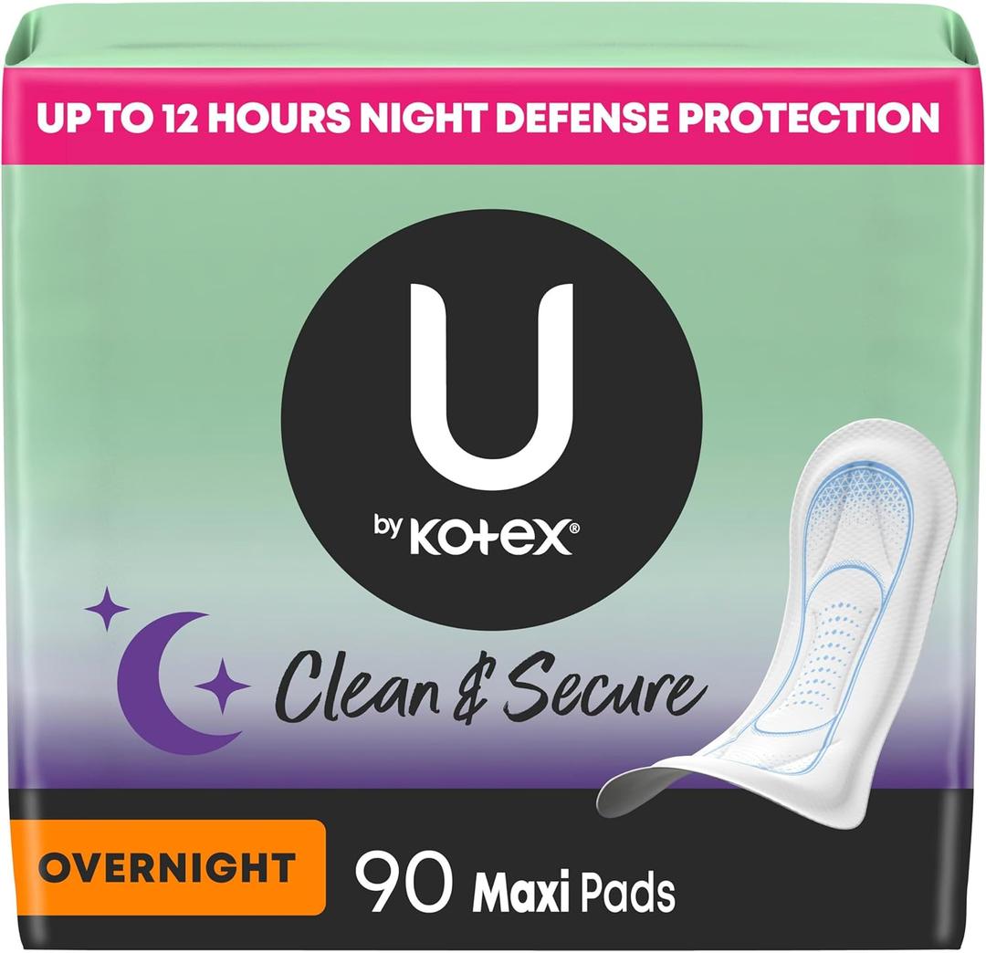 U by Kotex Clean & Secure Overnight Maxi Pads, 90 Count (3 Packs of 30) (Packaging May Vary)