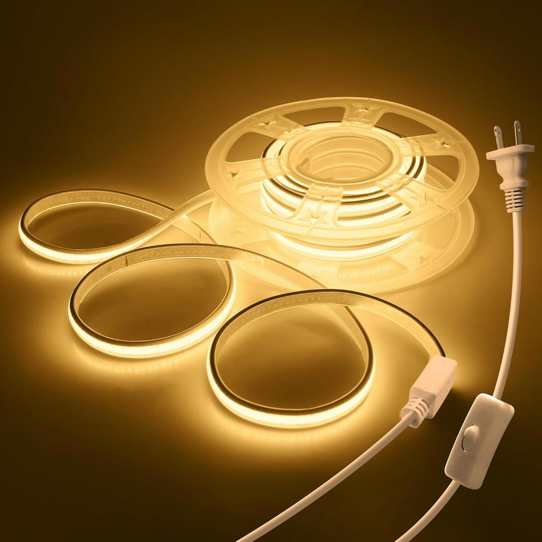 AC 110V COB LED Strip Lights Plug In with Switch Self-Adhesive 20FT/6M High Density 288LEDs/M Waterproof Flexible DIY Cuttable Warm White 3000K Outdoor COB Led Rope Lights for Kitchen Cabinets Garden