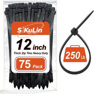 Thick Zip Ties Heavy Duty, 12 inch, Black, 250 lb High Strength, 75 Pack, Heavy Duty Zip Ties for Outdoor Use, Extra Wide & Strong UV Resistant Cable Ties, Wire Ties, SiKuLin