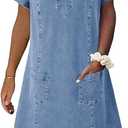 loveimgs Women Casual Short Sleeve Denim Dress V Neck Tunic Mini Jean Shift Dress Jumper Knee Length Boho Sundress Pocket (Blue, L)
