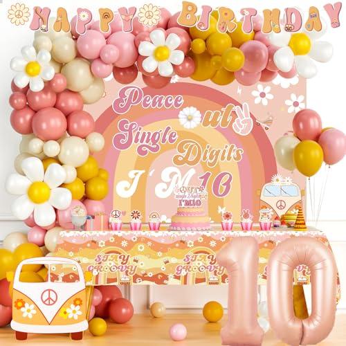 Party Inspo Peace Out Single Digits Party Décor, 10th Birthday Decorations for Girl, Groovy I’m 10 Backdrop Banner Cake Topper Number 10 Foil Balloon for Boho Ten is a Vibe Birthday Party
