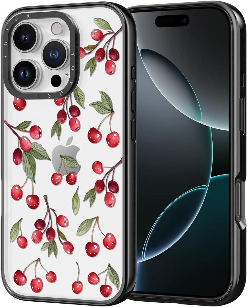 for iPhone 17 Case - [6.6 ft Military-Grade Drop Protection] [Anti-Peel Technology] Clear Black TPU Bumper Case with Cute Design (Cherry Fruit)