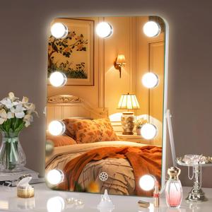 Hasipu Vanity Mirror with Lights, Hollywood 10" x 14" LED Makeup Mirror, 3 Modes Light, Smart Touch Control Dimmable, 360Rotation, Rounded Rectangle White Frame (10"L x 14"W, Round White)