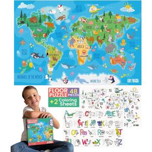 Floor Puzzles for Kids Ages 3-5 4-6 Educational 48 Piece Animals of The World with 2 Giant Coloring Posters Preschool Learning Toy Geography Continents Oceans Fun Gift Screen Free Family Playtime