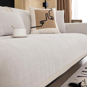 Chenille Sectional Sofa Covers - Herringbone Sofa Washable for Dogs - Funny Fuzzy Non Slip Protectors for L-Shaped Sectionals (Beige White, 36" x 83")