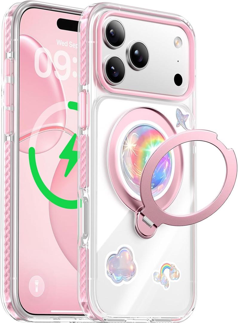 Summer Series 360 Spin Stand for iPhone 17 Pro Case (Compatible with MagSafe) [Military Drop Protection] Magnetic Clear Shockproof Protective for 17 Pro Phone Case 6.3'', Pink