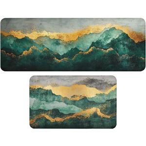 Abstract Kitchen Decor Rugs Set of 2, Mountain Landscape with Golden Peak Kitchen Rugs and Mats Non Skid Washable Absorbent Kitchen Accessories Decoration Floor Mats 17x29 and 17x47 Inch