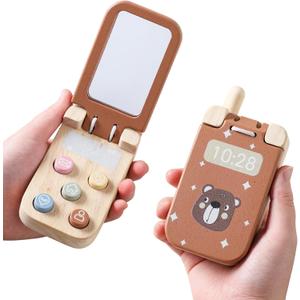 Wooden Baby Cell Phone Toy, Flip Pretend Play Phone for Toddlers - with Mirror & Functional Buttons, Enhance Fine Motor Skills, Natural Wood Toy , Ideal Gift for Kids 1 - 3