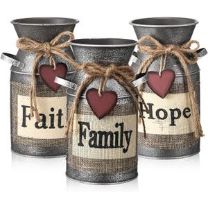 Chengu 3 Pcs 7.5 Inch Rustic Decorative Vase Metal Milk Can Farmhouse Vases Kitchen Decorations Above Cabinets Country Jug Milk Jug for Living Room Bedroom Kitchen Bathroom Table, Hope, Faith, Family