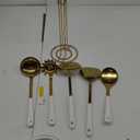 Stainless Steel Gold Kitchen Utensils Set with Holder, 7pcs Kitchen Accessories for Cooking Includes Soup Ladle, Metal Spatula, Slotted Spoon, Slotted Spatula, Pasta Spoon, White & Gold (Large)