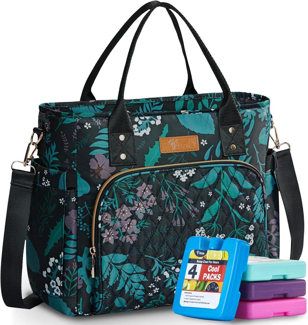 Yitote Lunch Box for Women 18L Capacity, Cute Lunch Bag with Bottle Holder, Lunch Bags with Adjustable Shoulder Strap, Lunch Bags for Work .(Floral) (A2-Floral)