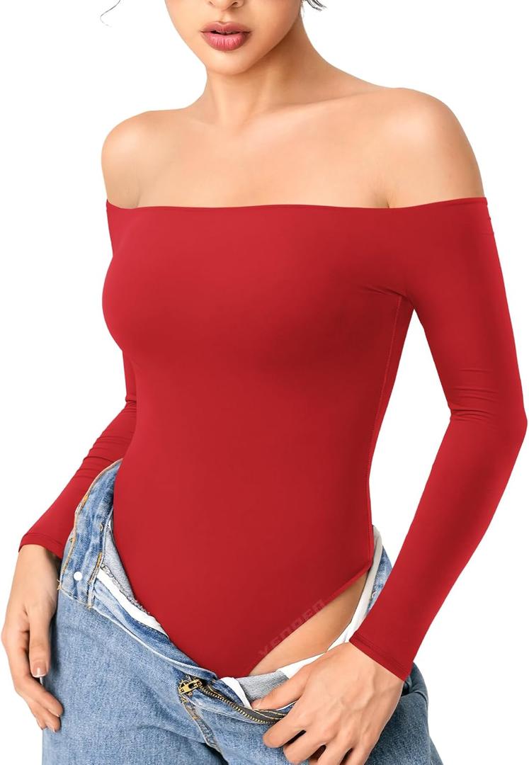 YEOREO Dacrly Strapless Bodysuit Long Sleeve Off Shoulder Leotard Double Lined Thong Bodycon Slim Fit Sexy Y2K Going Out Tops (Red) X