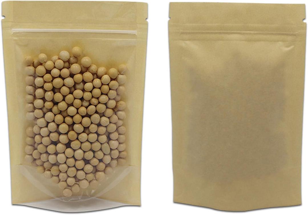 FERENLI 50 Pcs 6.3x9.4 inch Clear Front Brown Kraft Paper for Zip Plastic Package Lock Bag Doypack Stand Up Pouch Zipper Lock Reclosable Pouch Nuts Coffee Food Storage Packaging Pack