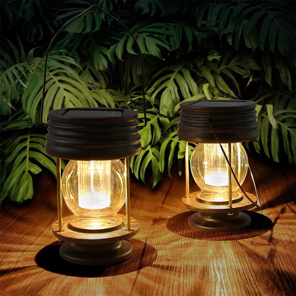 pearlstar Solar Lantern Outdoor Waterproof Hanging Solar Garden Lights - 2 Pack Solar Powered Landscape Christmas Lanterns with Retro Design for Patio, Yard, Garden and Pathway Decor (Warm Light) (5.5'')