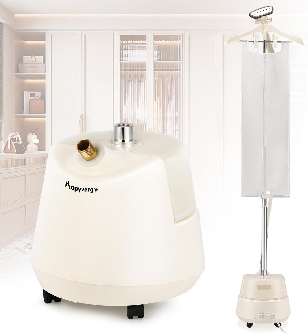 Standing Garment Steamer with Ironing Pad, 1500W Steamer for Clothes, 3L Tank, 70-Min Continuous Steam, 40s Fast Heating, Adjustable Height, Drain Port Design, Universal Wheels, White