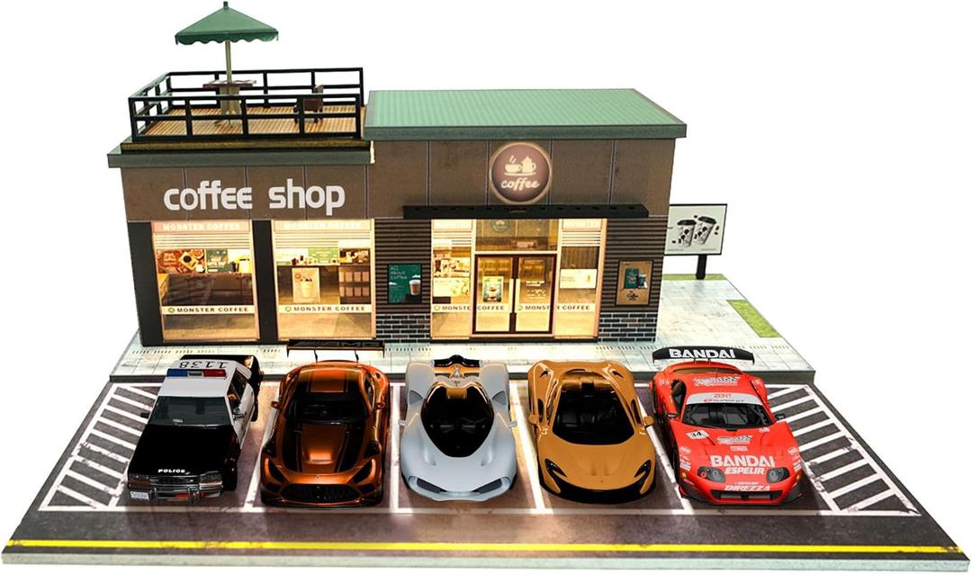 1/64 Model Car Display Case for Adults, Premium in-House-Design Scale Diecast Parking Garage for Toy Cars, Toys Car Garage, Scenic Diorama Display Car Park with ith LED Lamps and Parking Spaces (Coffee Shop)