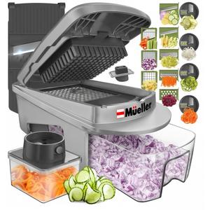 Mueller Pro-Series All-in-One, 12 Blade Mandoline Slicer for Kitchen, Food Chopper, Vegetable Slicer and Spiralizer, Cutter, Dicer, Grater, Kitchen Gadgets Sets with Container, White Sand/Gray