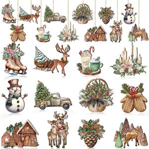 36 Pieces Wooden Christmas Decorative Ornaments Bulk for Tree Retro Christmas Hanging Ornaments Xmas Pine Cone Elk Truck Snowman Gingerbread House Home Hanging Signs with Rope for Party Decor