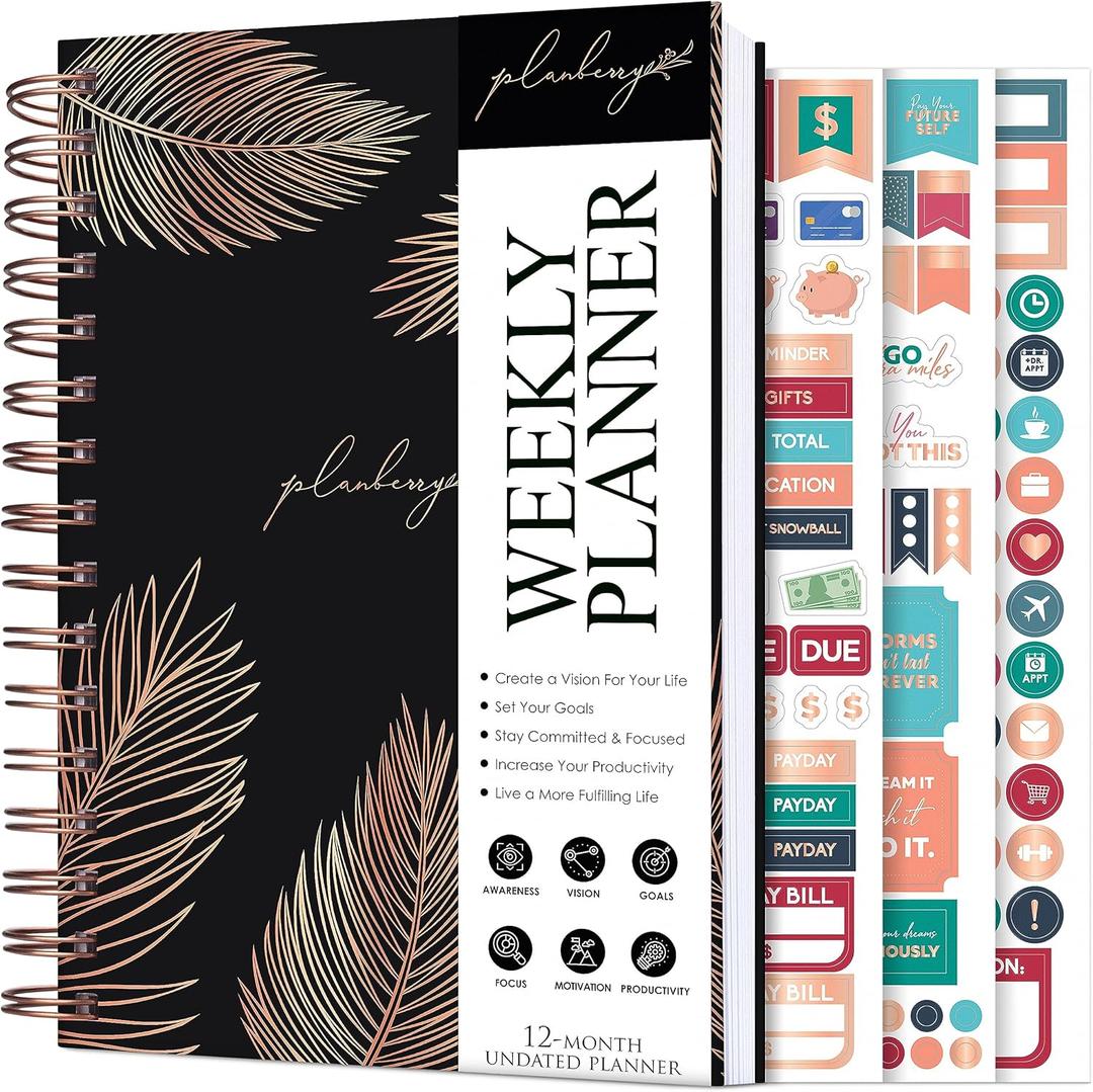 PLANBERRY Weekly Planner  Undated Life Organizer & Budget Planner  Time Management, Goal Setting, To-Do List, Work-Life Balance & Habit Tracker  6.1 x 8.1 (Onyx Black)