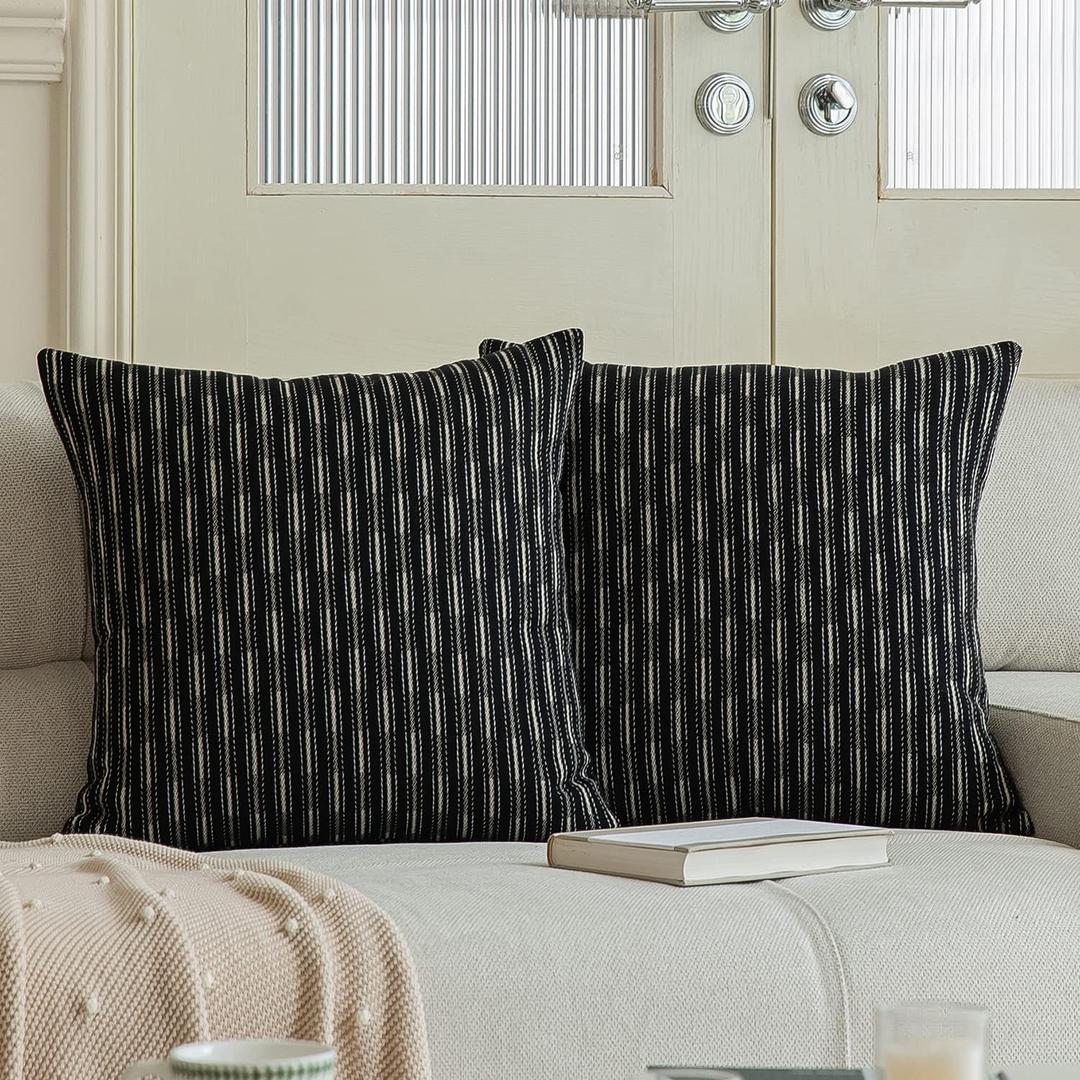 Kevin Textile Pack of 2 Farmhouse Decorative Throw Pillow Covers Boho Woven Texture Burlap Linen Cushion Cover Striped Pillowcase, Black 16 x 16 inches 40 x 40 cm