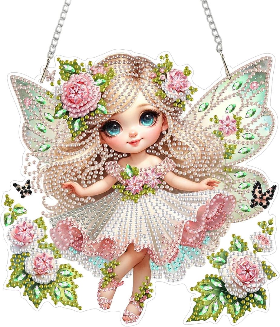 SENQAO Fairy Diamond Art Hanging Kits for Adults Kids, Diamond Art Suncatchers Flower, 5D Special Shaped Crystal Diamond Painting Kit Fairy, Window Pendant Gem Art Kit for Home Wall Decor