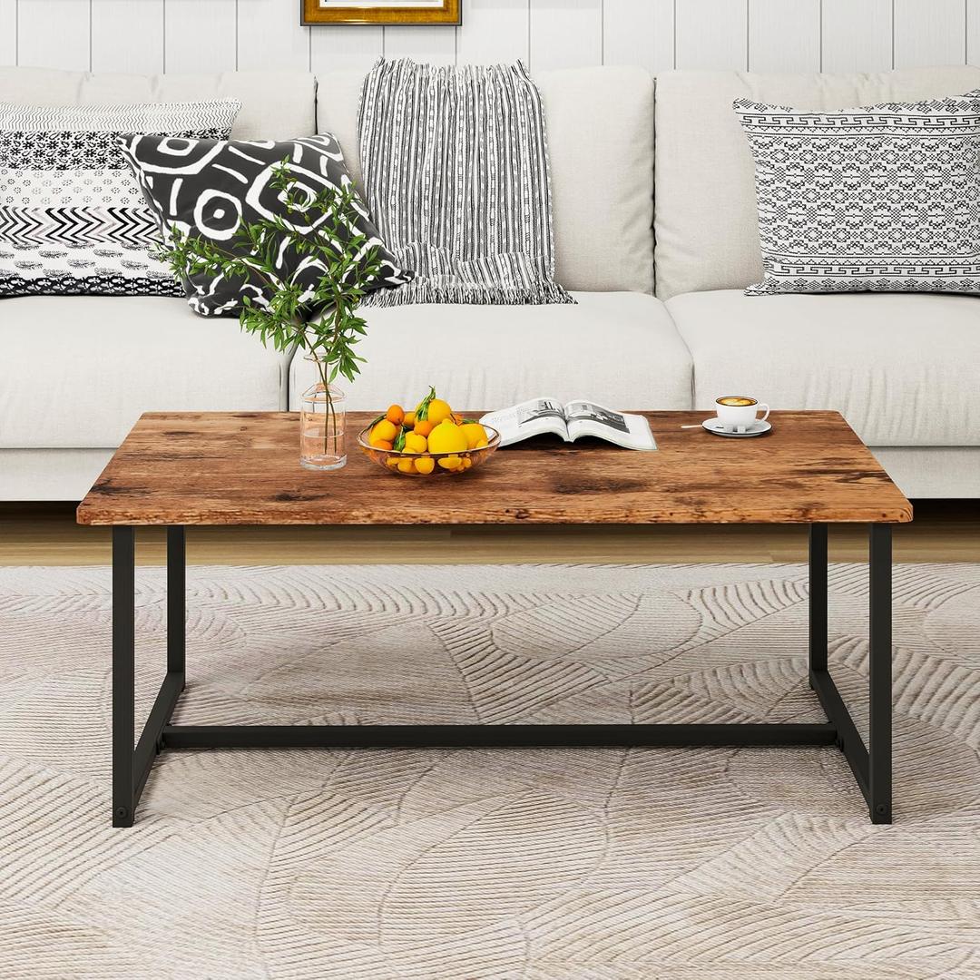 Coffee Table Rectangular Center Table for Living Room Open Space Side Table with Metal Frame, Easy Assembly, Black+ Rustic Brown Wood Coffee Table