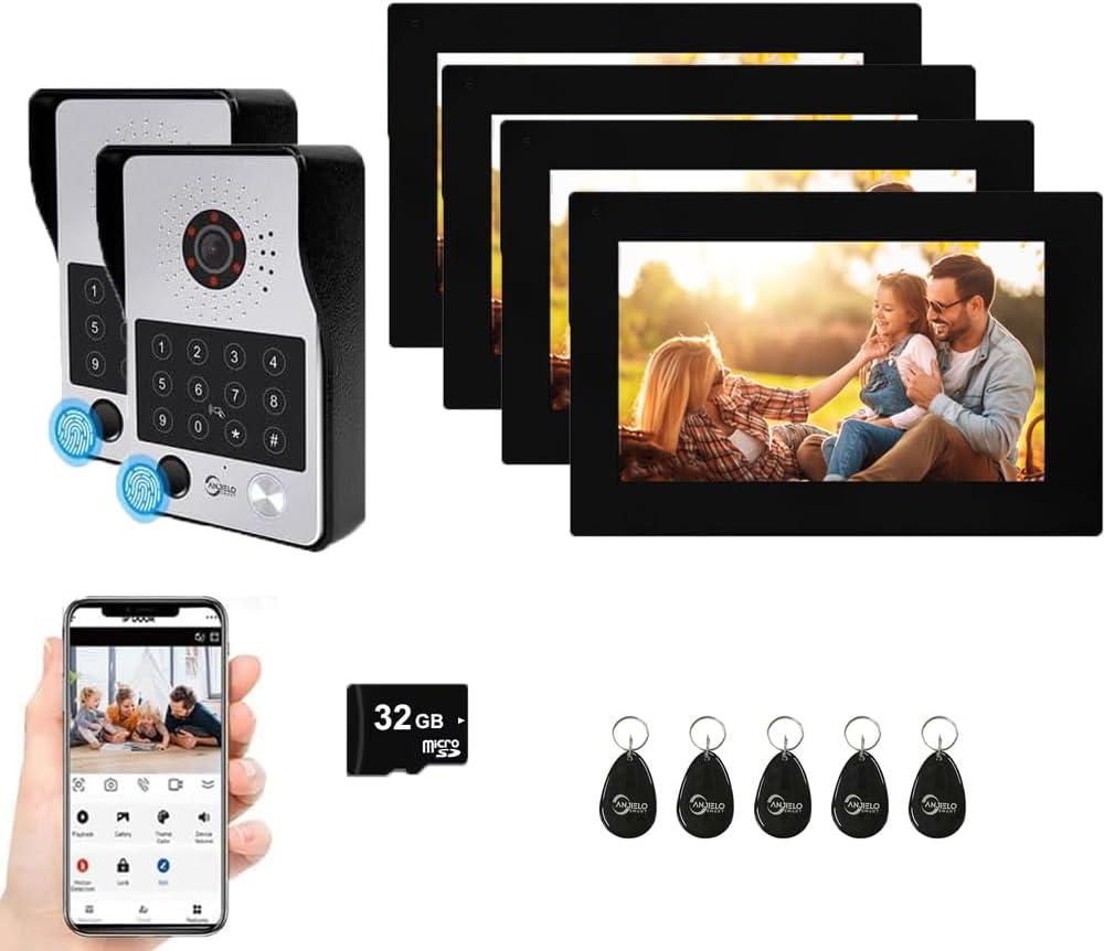 WiFi Wired Video Doorbell System,7 Inch High-Definition Monitor +Ring Camera,Remote/ID/Password/Fingerprints Unlock,Night Vision,Two-Way Intercom for Villa Home Apartment (2 Doorbell+4 Monitor)