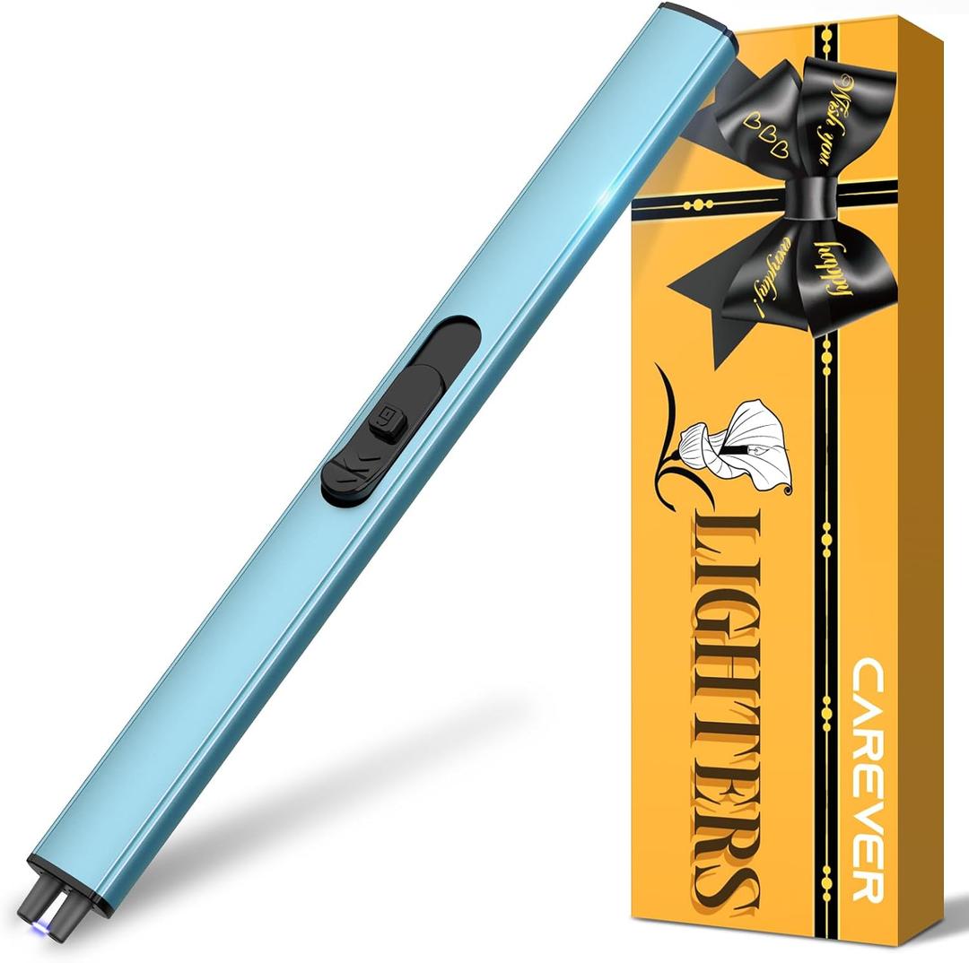 Candle Lighter Stocking Stuffers for Women Men, Electric Candle Lighter USB Rechargeable Graduation Gifts for Him Wife Girlfriend Safety Lock Long Lighters for Grill Kitchen BBQ Camping, Blue
