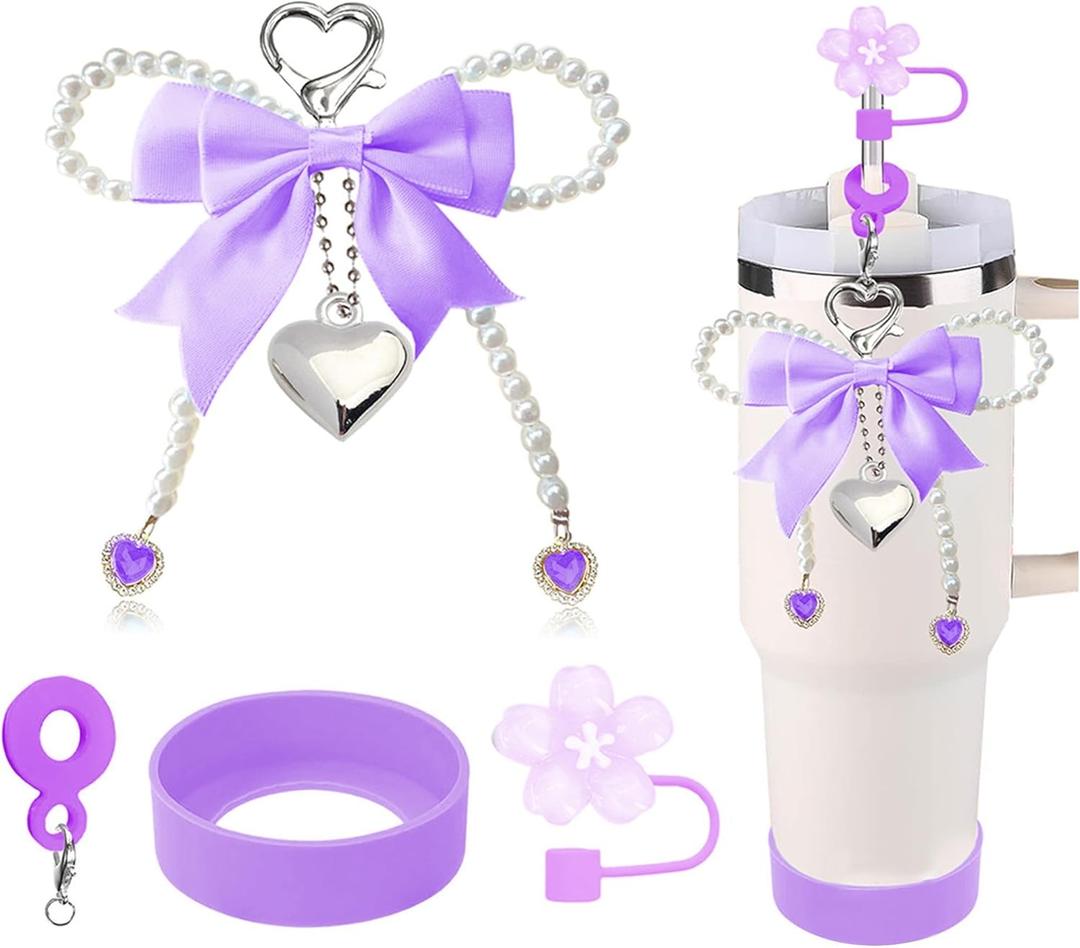 Stanley Cup Accessories Set for 40oz/30oz Tumbler with Handle-Including Flower Straw Toppers, Bow Charms with Pearls,Silicone Charm and Silicone Boot,Suitable Accessories for Stanley(Purple)