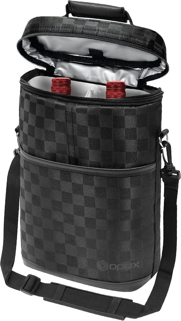 opux 2 Bottle Wine Carrier Tote, Insulated Leakproof Wine Cooler Bag, Wine Travel Bag Tote for Picnic BYOB Beach, Portable Wine Bottle Carrying Case, Gift for Wine Lover Women Men Christmas (Checkered Black)