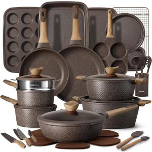 CAROTE 39pcs Pots and Pans Set, Nonstick Cookware Sets with Bakeware | Easy Clean, Distinctive Textured Design, Even Heating, All-Stovetop Compatible, with Kitchen Knife Set & Egg Pan, 39 Piece