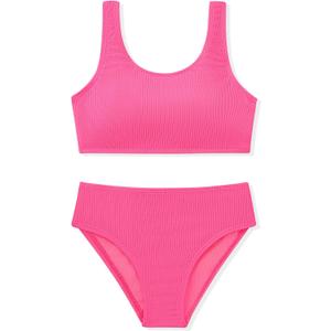 Girls Two Piece Swimsuits Ribbed Bikini Sets Swimming Bathing Suit Beach Sport Athletic Teen Girls Swimwear (13-14 Years, Rose Red)