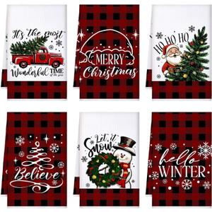 Preboun 6 Pcs Christmas Kitchen Towels Buffalo Check Plaid Dish Towels Winter Hand Towels Farmhouse Tea Towels Housewarming Gifts for Xmas Holiday Home Kitchen Decor (Red)