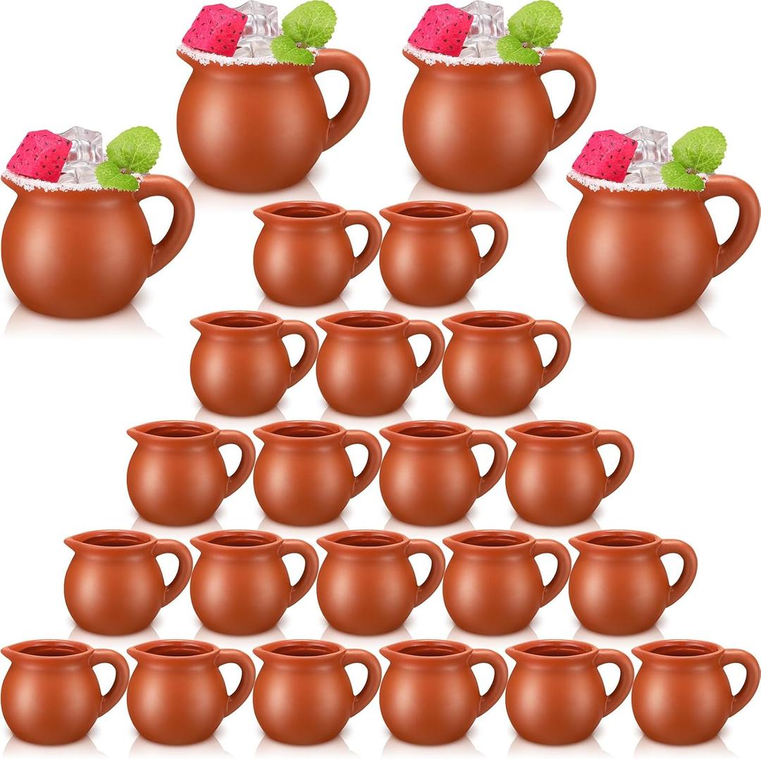 Gejoy Pack of 3oz Cantaritos De Barro Mexican Cups Mini Terracotta Clay Mugs with Handles Artisan Made Coffee Cocktail Tea Mugs for Tequila, Margaritas, Mojitos Drinks Souvenirs(24 Pcs,Classic)