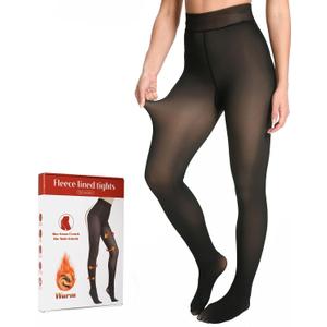 Fleece Lined Tights Women, Fake Translucent Thermal Winter Warm Fleece Tights, Sheer Thick Pantyhose Leggings for Women (X-Large, 1 Pair Black)
