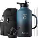 Trebo 64 oz Water Bottle Insulated with Handle, Half Gallon Stainless Steel Metal Large Jug, Travel Flask with Straw Spout Lid, Mug Tumbler Cup with Carry Pouch, Keep Cold Hot, Indigo Black